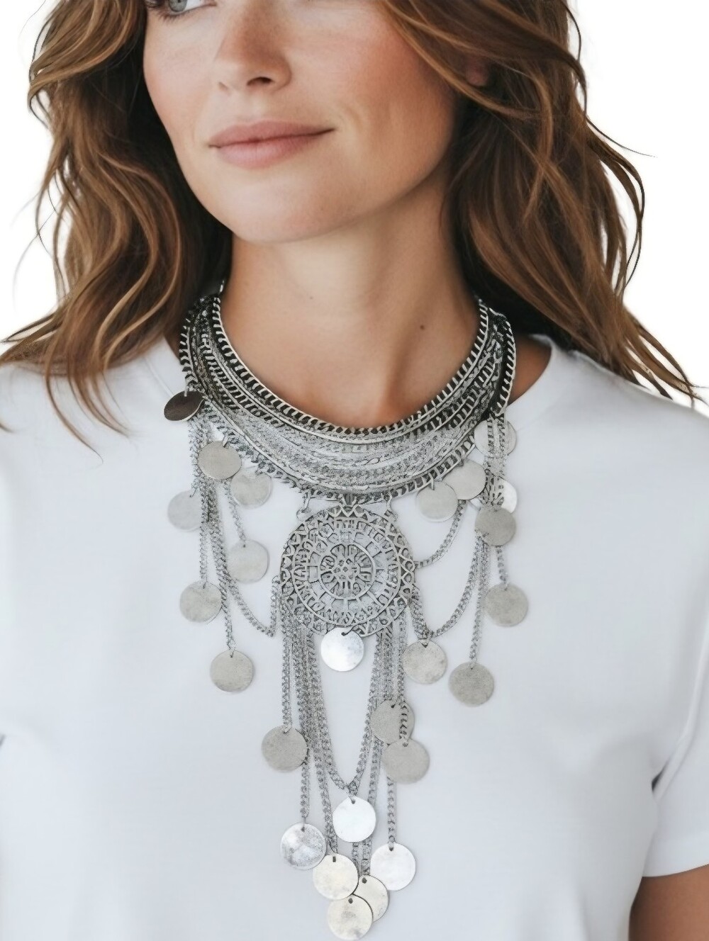 Silver Necklace Oversized Collar Layered Statement Chain & Charm Boho Jewelry